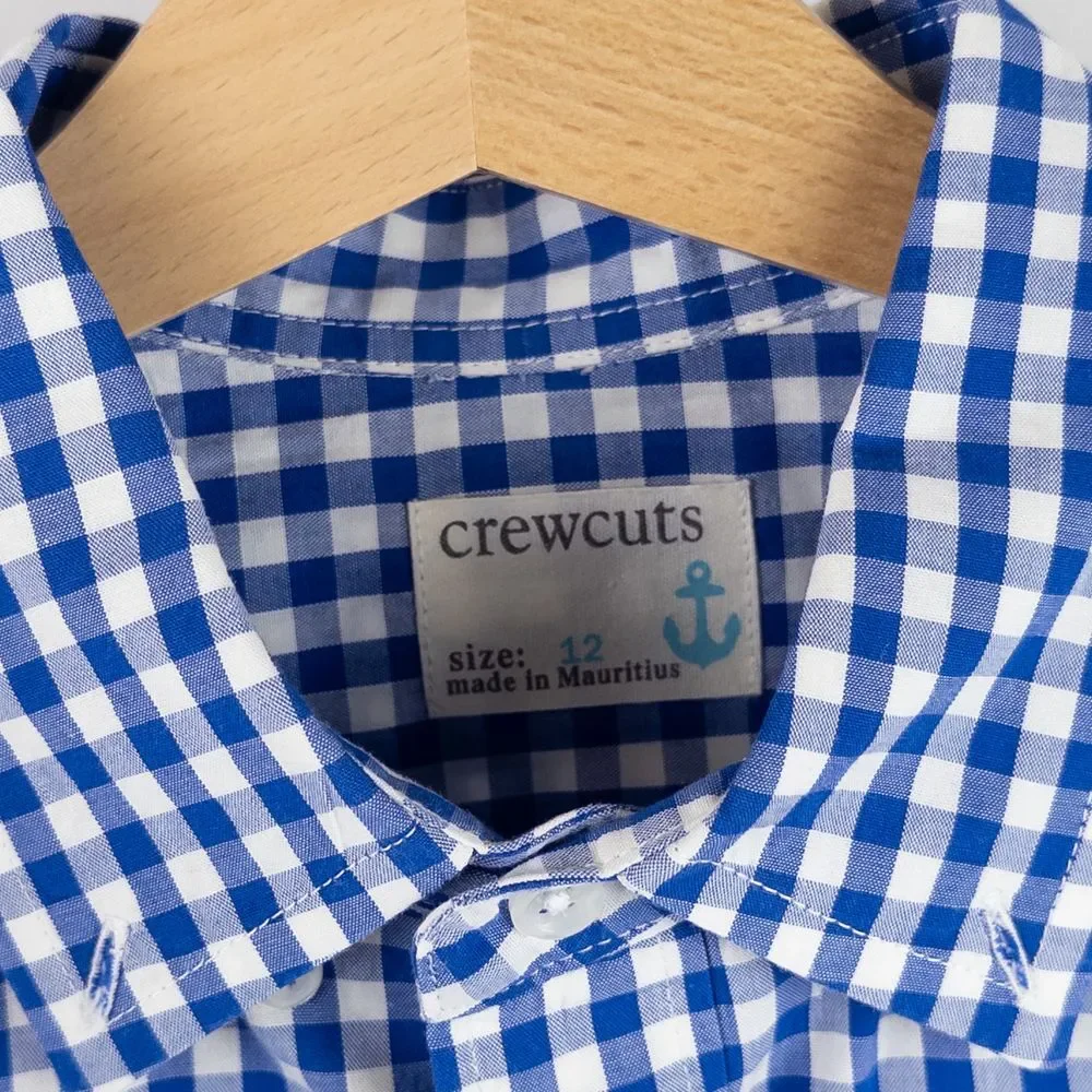 Crewcuts Cotton Poplin Collared Gingham Pocket Button Down Shirt Blue Kids Sz 12